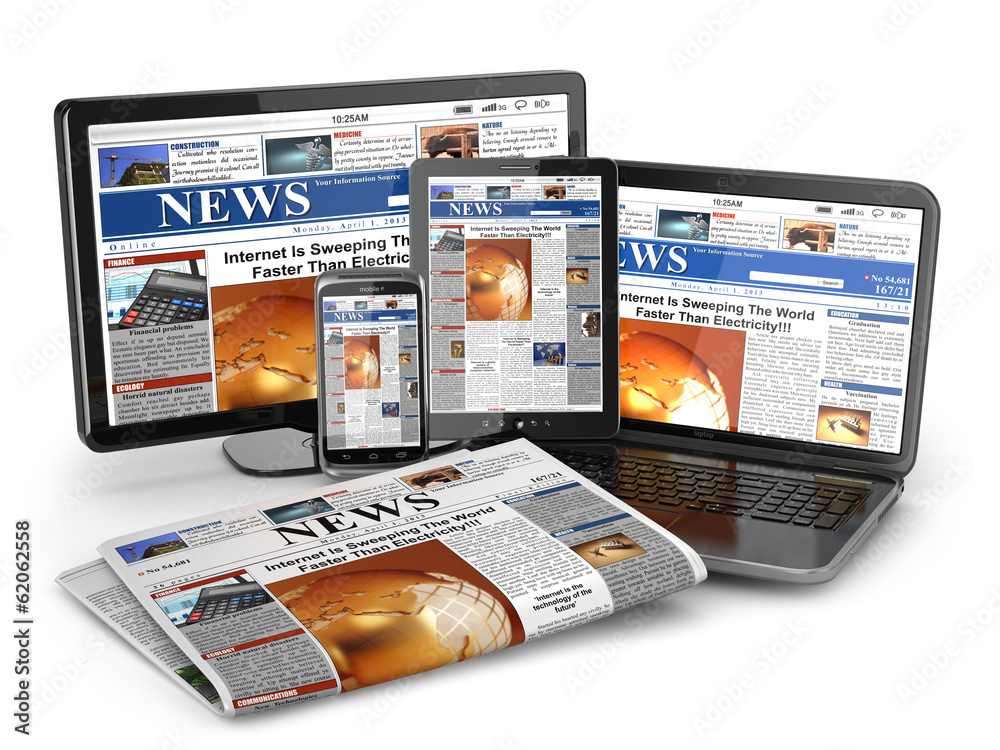 Wall mural News. Media concept. Laptop, tablet pc, phone and newspaper.