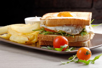 Fresh triple decker premium club sandwich with french fries