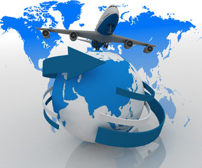 3d passenger jet airplane travels around  world