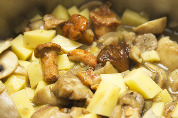 mushroom chanterelle soup in saucepan, close-up
