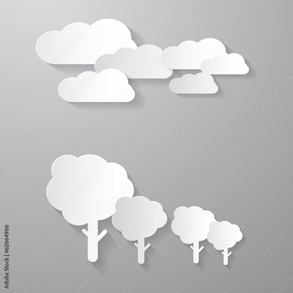 Wall mural Vector Clouds and Trees Cut From Paper Background