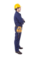 Side view of a worker standing on white background