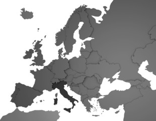 Fototapeta na wymiar 3D Europakarte grau / weiß- Italien in dunkelgrau
