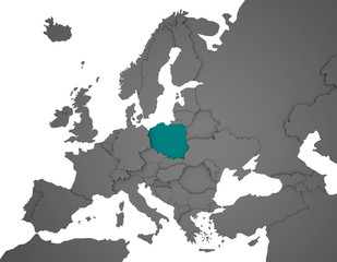 3D Europakarte grau / weiß- Polen in türkis