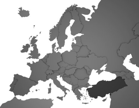 3D Europakarte grau / weiß- Türkei in dunkelgrau