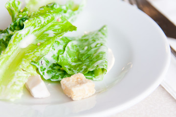 Cos lettuce with chicken ham in a white plate