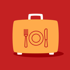 suitcase with a  plate, spoon, fork.