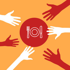 Obraz premium Hands reach for a plate, spoon, fork.