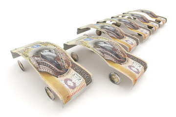Banknoty 200 złotych uformowane w kształt auta jako symbol finansowania kupna, kredytowania lub ubezpieczenia samochodu