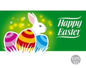 easter eggs on green background with white bunny