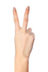 Obraz premium Hand gesture number four closeup isolated on white