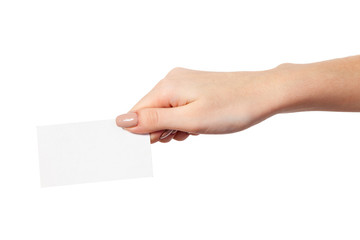 Fototapeta premium Businesswoman's hand holding blank business card