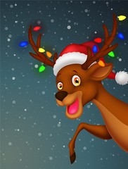 Cute deer cartoon with bulb and red hat