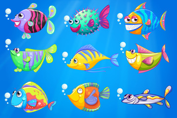Fototapeta na wymiar Nine colorful fishes under the sea