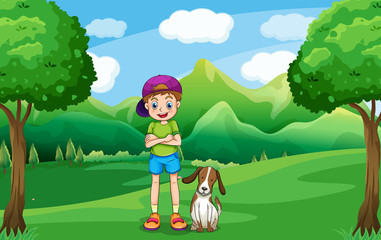 A young boy standing in the middle of the trees with his pet
