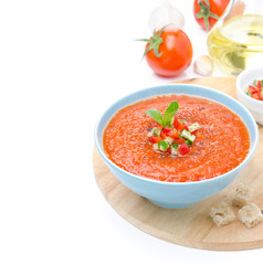 cold tomato soup gazpacho with basil and croutons
