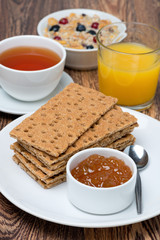 delicious breakfast - crisp bread with jam, tea, orange juice
