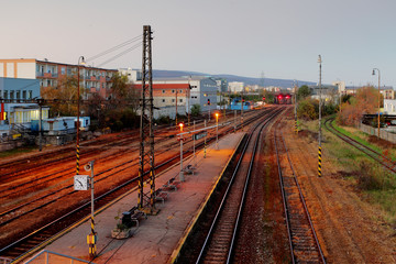 Railroad train platform at night