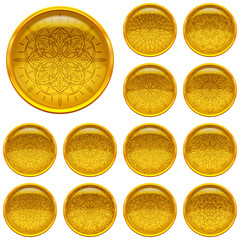 Set golden buttons with patterns