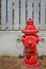 Red fire hydrant in the street with a wooden fence background
