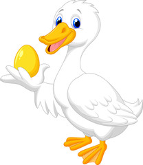 Cute duck holding golden egg