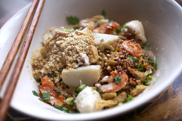spicy pork noodle in sun light