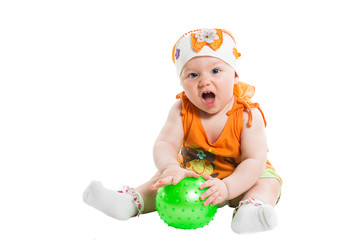Little cute child girl with ball isolated on white background.
