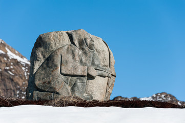 Eskimo Inuit Stone Carving near Sisimiut Airport, Greenland.