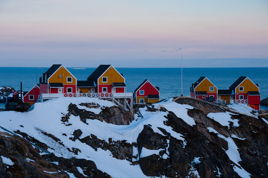 Wooden houses with dusk sky, Sisimiut, Greenland.