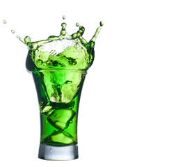 Green alcohol cocktail set with splash on white