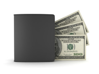 Dollar bills and black leather wallet on white background