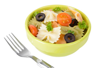 Delicious pasta with tomatoes on plate isolated on white