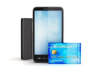 Credit card, modern cell phone and leather wallet