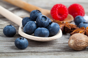 Fresh Blueberries on wooden Background