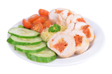 Delicious chicken roll on plate isolated on white