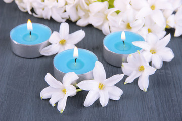 Naklejka na ściany i meble White hyacinth with candles on wooden background