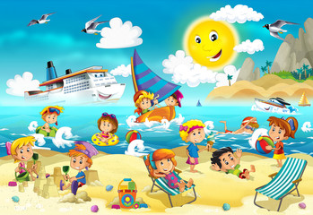 The kids playing at the beach, diving, building in sand - ocean