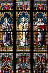 Stained glass in the St. Vitus Cathedral in Prague.