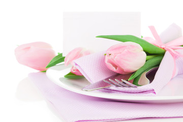 Romantic dinner / table setting with roses tulips and cutlery, w