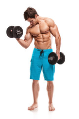 Muscular bodybuilder guy doing exercises with dumbbells over whi - 62091790