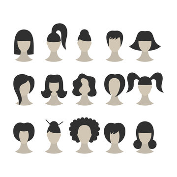 Set of black hairstyles for woman isolated on white background
