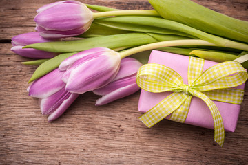 pink  tulips with a gift box