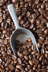 Kaffeeschaufel liegt zwischen vielen Kaffeebohnen