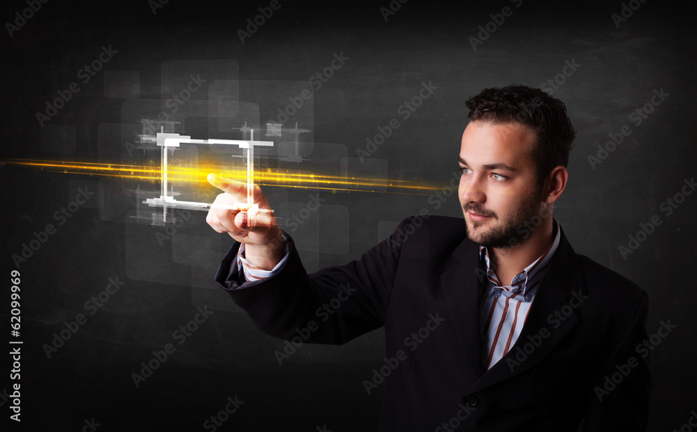 Poster tech business person touching button with orange light beams con