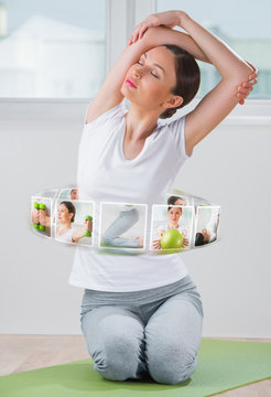 Woman with virtual pictures of her training program around her