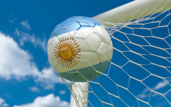 Argentina Flag And Soccer Ball In Goal Net