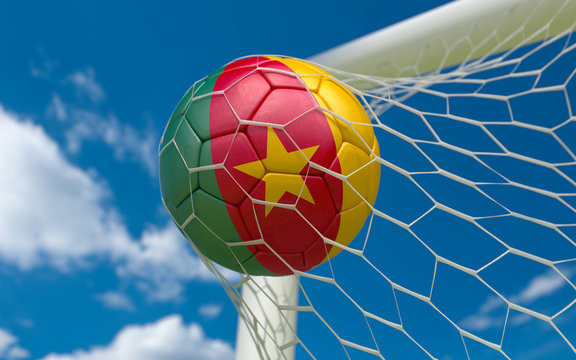 Cameroon flag and soccer ball in goal net