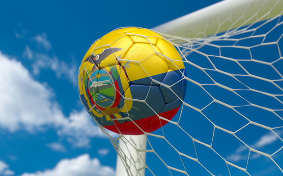 Ecuador flag and soccer ball in goal net