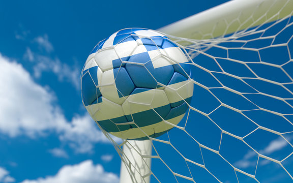 Greece flag and soccer ball in goal net