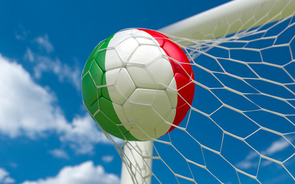 Italy flag and soccer ball in goal net